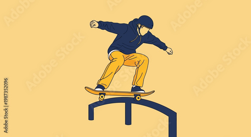 Skateboarder Performing A Trick On A Rail Minimalist Illustration Style