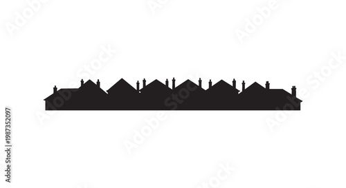 Row of residential house rooftops silhouette in black, suburban neighborhood skyline.