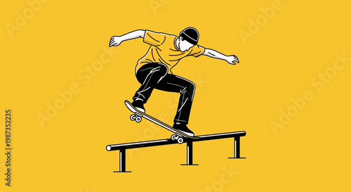 Skateboarder Performs Trick On Rail Against Bold Yellow Background