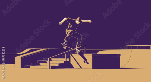 Skateboarder Performs Trick In Urban Skatepark With Minimalist Design And Bold Colors