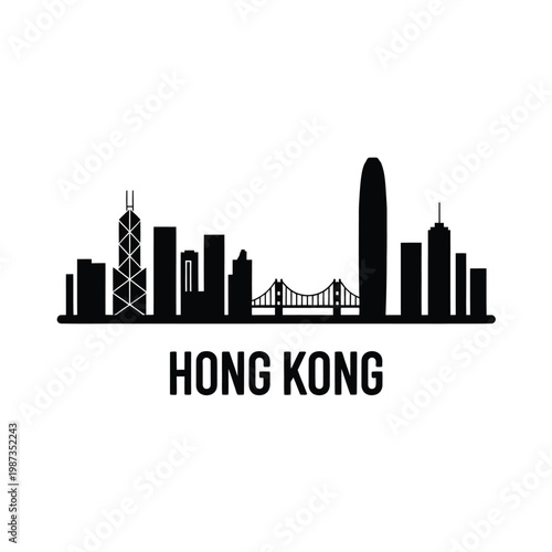 A minimalist black silhouette of the hong kong skyline with text