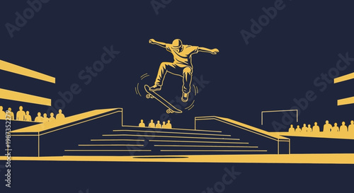 Skateboarding Competition Crowd Spectators Performing Aerial Stunts