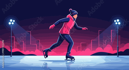 Skater Gliding Gracefully Under City Lights on Ice Rink