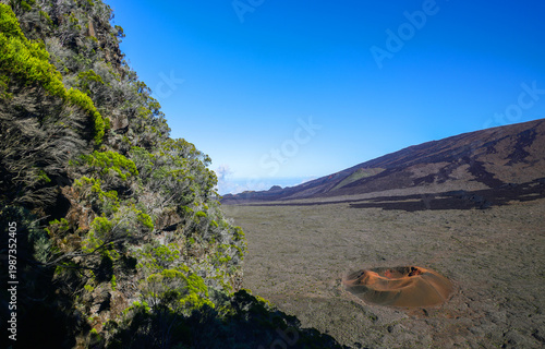 Scenic landscape of Piton de la Fournaise (Peak of the Furnace) 2632m, a shield volcano on the eastern side of Reunion island in the Indian Ocean and one of the most active volcanoes in the world.	