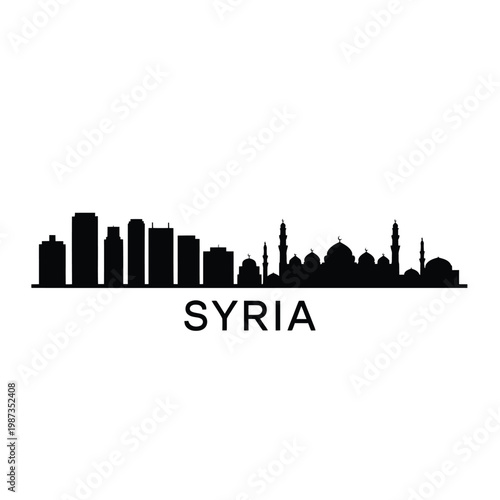 A black silhouette of a syrian cityscape with the country name below