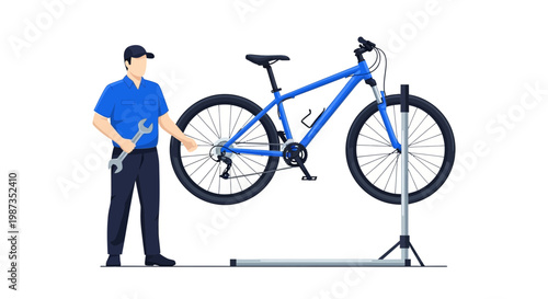 Skilled Mechanic Working On Blue Bicycle Maintenance And Repair