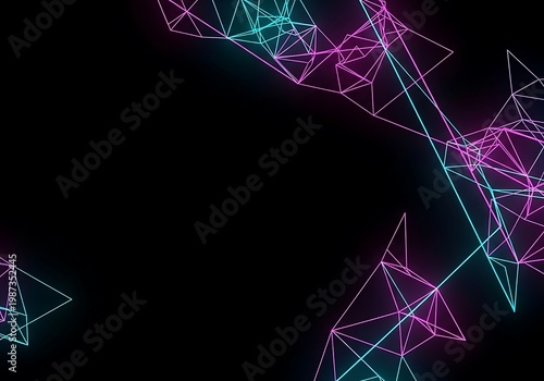 Abstract Geometric Network with Neon Lights on Black Background