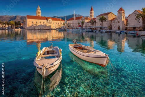 Two small boats float on clear blue water with historic buildings