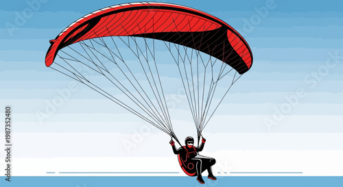 Skydiver Descending Under A Vibrant Red Parachute Against A Blue Sky