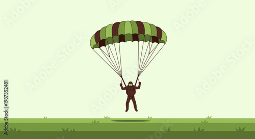 Skydiver Descending With Colorful Parachute Over Grassy Landscape