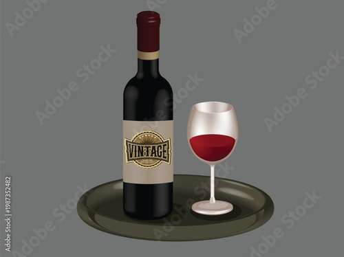 Red wine bottle with vintage label and full glass on a silver serving tray isolated on grey background