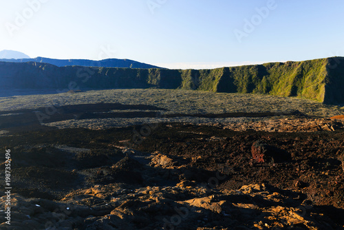 Scenic landscape of Piton de la Fournaise (Peak of the Furnace) 2632m, a shield volcano on the eastern side of Reunion island in the Indian Ocean and one of the most active volcanoes in the world.	
