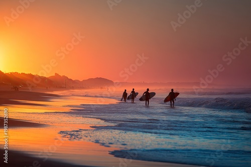 Surfers walk into ocean at sunset on sandy beach