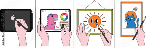 Cartoon Hands Drawing and Painting Digital Art on Tablet and Canvas with Stylus Pen Creative Artist Process Vector Illustration Set