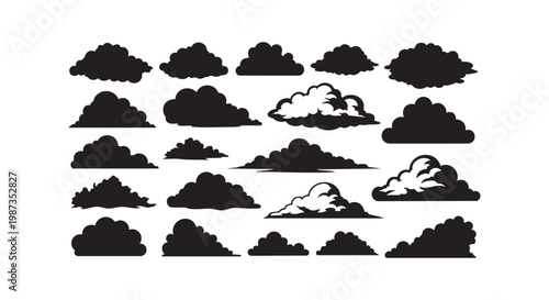 Set of black cloud silhouettes in various sizes and shapes for weather icons or sky landscape design elements in graphics.