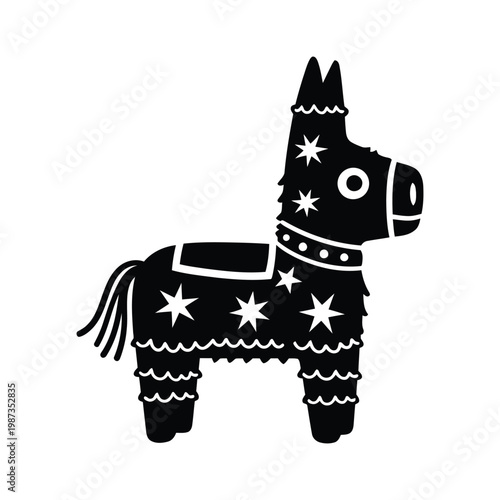 Black pinata donkey with white stars and patterns