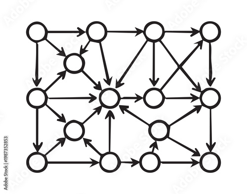 Black network diagram showing circular nodes with directional arrows connecting nodes across square grid, minimalist monochrome schematic suggesting data flow and routing logic, clean geometric layout
