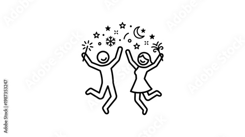 Joyful Couple Celebrates with Sparklers and Celestial Symbols