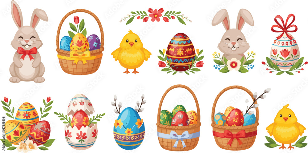 Obraz premium Cute Easter bunny and chick collection with decorated eggs baskets spring holiday cartoon vector set isolated on white background