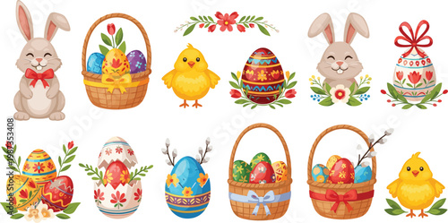 Cute Easter bunny and chick collection with decorated eggs baskets spring holiday cartoon vector set isolated on white background