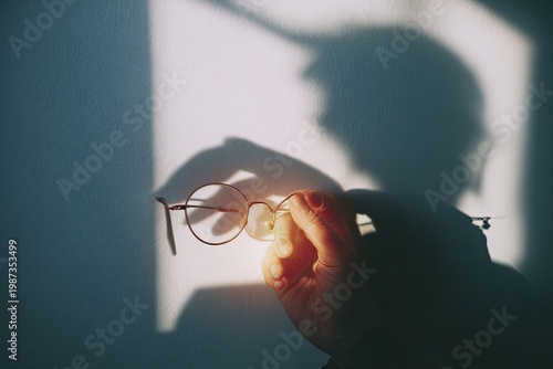 Hand holding round glasses casting a dramatic shadow on wall