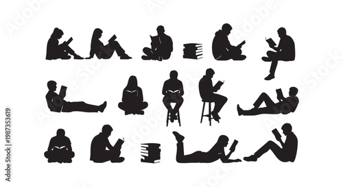 Set of reader people silhouette in various poses, enjoying book and learning, collection of reading person on white background.