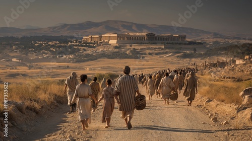 A peaceful and expansive biblical scene of Israelite families departing Jerusalem after a dedication feast, journeying along dusty roads toward distant hills, with the Temple on Mount Moriah rising be