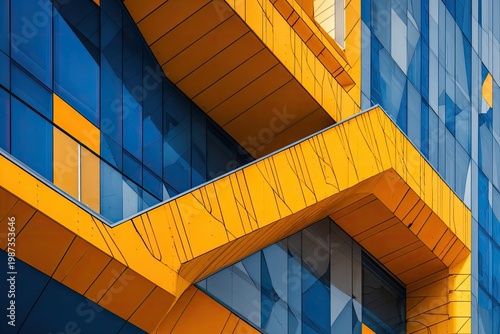 Modern building facade with vibrant yellow geometric shapes and blue glass