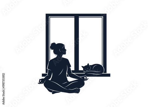 Woman meditating by a window with a sleeping cat dark silhouette