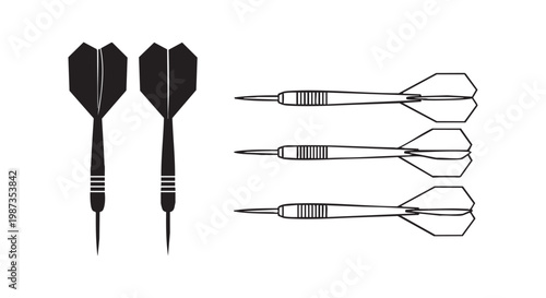 Sharp darts for game play and competition, with two black silhouettes and three outlined for accuracy.