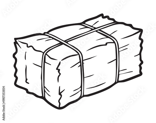 Rectangular hay bale prepared for shipment. Field scene showing dense straw bale with twine binding. Rural harvest setting featuring tightly bound rectangular hay bale for transportation