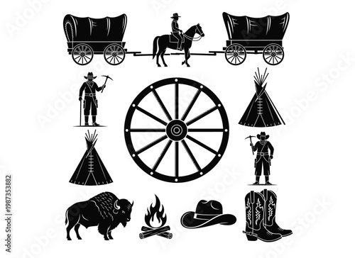 Western imagery including wagons cowboys and teepees in black silhouette
