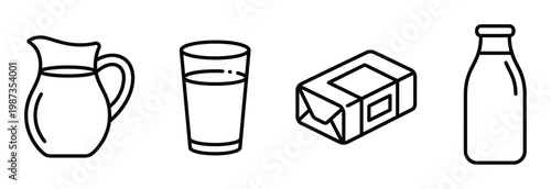 Minimalist vector line icons of dairy products: milk pitcher, glass of milk, butter stick, and milk bottle. Ideal for food, nutrition, grocery, or farm designs.
