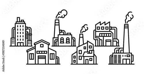 Set of industrial factory buildings line icons, depicting manufacturing and production plants with chimneys and smoke. Ideal for business, energy, and environmental themes.