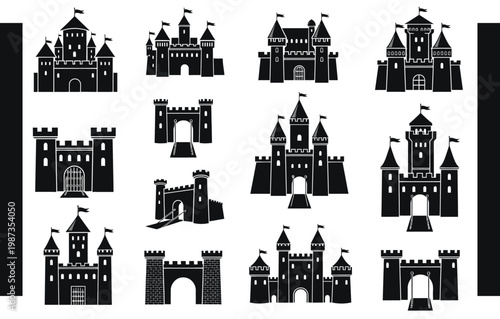 Collection of black castle outlines in varied designs a striking silhouette