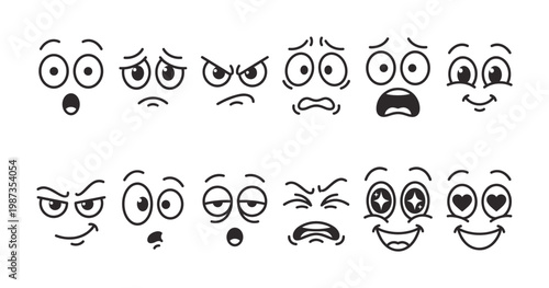 Diverse vector collection of cartoon facial expressions, including happy, sad, angry, and surprised. Perfect for comics, emojis, or digital design projects.