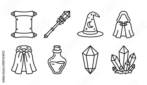 Set of fantasy magic items vector outline icons including wizard hat, scroll, potion, staff, and crystals. Perfect for games, apps, and mystical designs.