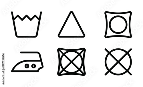 Essential vector icons for laundry care: wash, bleach, dry, iron, and do not clean/wash. Perfect for clothing labels, product instructions, or manuals.