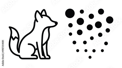 Minimalist vector illustration featuring a sitting fox outline next to an abstract pattern of black circles. Ideal for animal designs, logos, or children's materials.