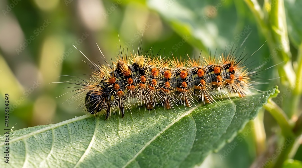 Fototapeta premium A detailed_macro_shot_202604162226 of a fuzzy orange and black caterpillar on a green leaf in a sunny outdoor environment with natural surroundings.