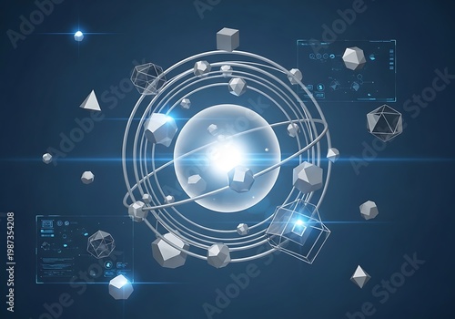 Abstract technological concept of data structure and quantum physics with glowing core and orbiting geometric elements