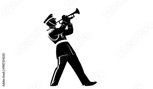 Dynamic military band trumpet player silhouette in ceremonial uniform vector design