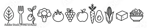 Minimalist line art icons of healthy foods: fruits, vegetables, tofu, and salad, plus a fork and leaf. Ideal for diet, vegan, and nutrition concepts.