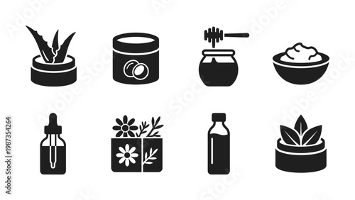 Set of natural organic beauty and skincare icons. Features aloe, honey, coconut, essential oil, and herbal elements for health and wellness designs.
