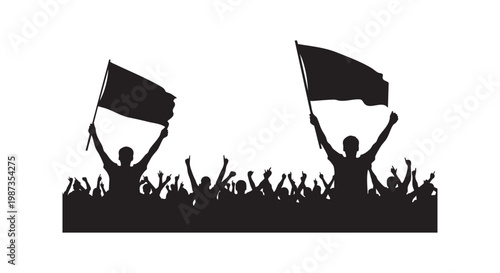 Silhouette of cheering crowd holding flags at a rally or concert, celebration and excitement, group of people with raised hands, activism.