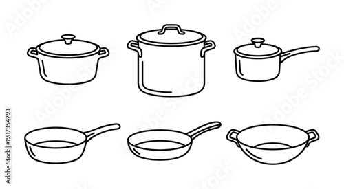 A clean, simple vector set featuring essential kitchen cookware icons. Perfect for recipe apps, menus, kitchen branding, or culinary diagrams.