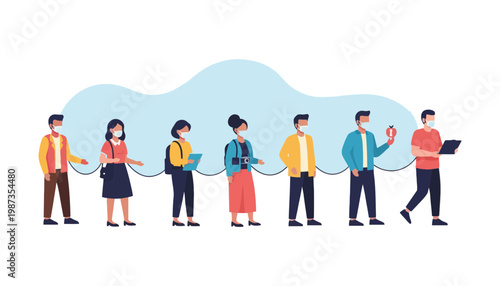 People wearing face masks standing in a socially distanced line