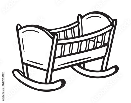 Wooden baby cradle rocking in nursery, vintage lineart icon suggesting soothing sleep and parental care ideal for midwife, newborn product, or family lifestyle contexts with gentle, calming atmosphere