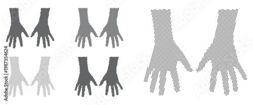 A black halftone vector set of hands in various shades and densities on a white background