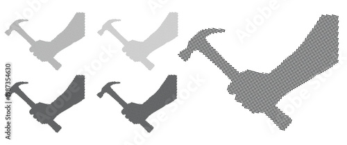 A black halftone vector set of various hands in different patterns and shades on a white background